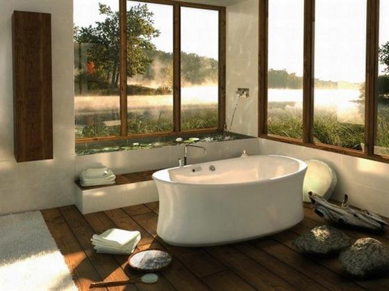 Contemporary Romantic Bathroom Design with Spa Like Bathtub with Outdoor View
